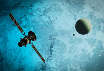 Satellite in Space passing planet, 3D animation