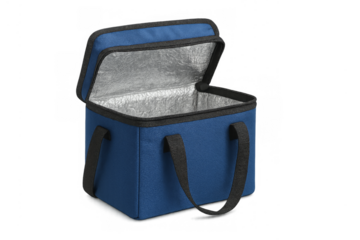 Blue soft insulated cooler bag with lid open
