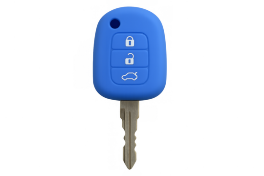 Blue car key fob with remote control functions