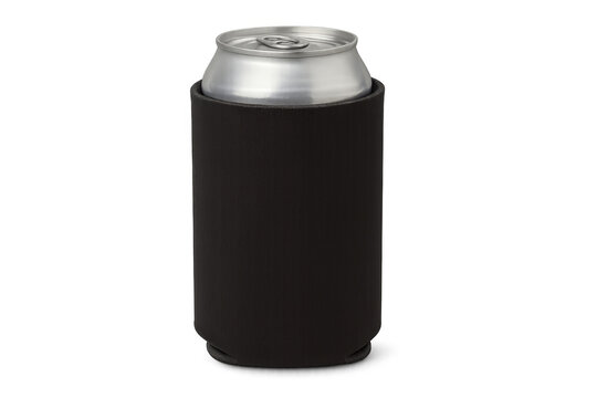 Black beverage can koozie holding an aluminum can