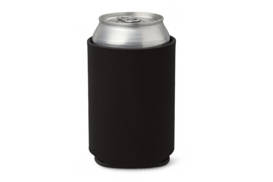 Black beverage can koozie holding an aluminum can