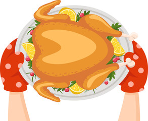Chef holds a roast turkey with lemons and herbs on a white background. Top view