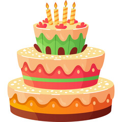 Three Tier Birthday Cake With Four Candles and Red Heart Decorations White Frosting Light Orange Green And Red Icing And A Translucent Background