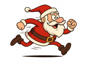 Santa claus running fast, delivering christmas presents on time, cartoon character rushing, transparent background