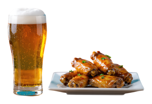 Golden Amber Beer Glass with Frothy Head, on Transparent Background, Glossy Realistic Cutout for Web Design