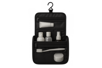 Black hanging dopp kit with travel size toiletries for personal care