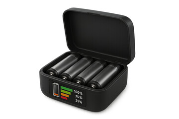 Black battery charger with aa rechargeable batteries on transparent background