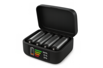 Black battery charger with aa rechargeable batteries on transparent background