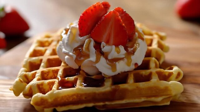 Delicious Golden Waffle Topped with Whipped Cream, Fresh Strawberries, and Sweet Syrup Drizzle - Powered by Adobe