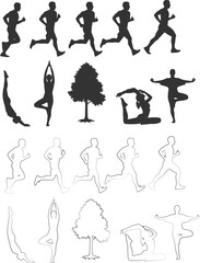 Vector art of figures in motion silhouettes and outlines of running, yoga, and trees, showcasing dynamic poses and natural elements silhouette