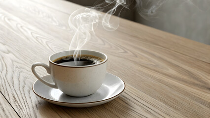 Steaming coffee cup on wooden table