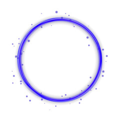 Realistic glowing blue neon ring with bright laser trail and luminous particles. Futuristic round frame design for LED, tech, and disco banner visuals.
