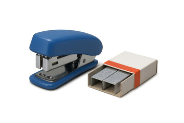 Blue stapler and box of metal staples