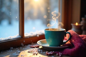 Warm Winter Chalet Scene Steaming Mug by Snow-Covered Window, Cozy Holiday Atmosphere