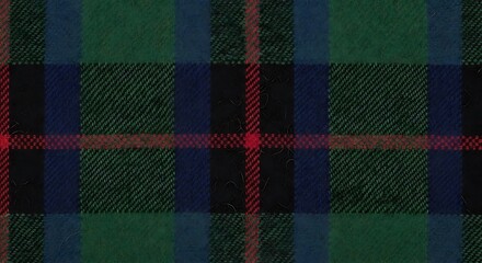 Traditional Dark Green, Navy Blue, and Red Tartan Plaid Fabric Texture Background - Close-up of Scottish Kilt Pattern