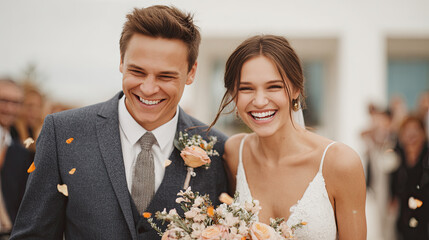 Happy bride and groom smiling with flower petals falling