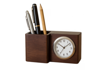 Wooden desk organizer with pen holder and clock