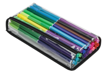 Isolated colorful fine-liner pen set in clear pencil case, highlighters collection close-up