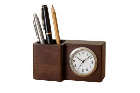 Wooden desk organizer with pen holder and clock