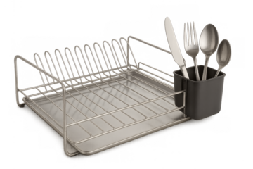 Stainless steel dish rack holding clean cutlery