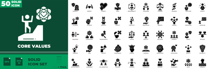 Core Values Solid Editable Icons set. Vector illustration in modern thin solid style of core values icons: value, achievement, ambition, etc