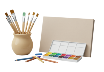 Isolated painting equipment for art, watercolor, drawing, craft. Creative studio concept