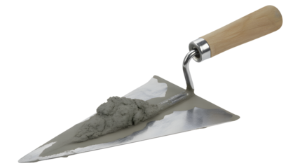 Professional masonry trowel loaded with wet cement, ready for construction and home improvement projects