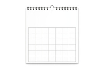 Blank wall calendar with spiral binding on transparent background