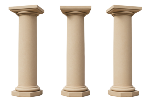Isolated set of beige architectural classical columns for structures and construction design