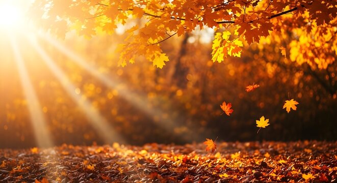 Warm autumn forest background with sun rays shining through golden maple leaves - Powered by Adobe