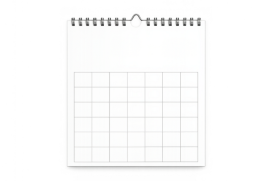 Blank wall calendar with spiral binding on transparent background