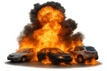 Cars burning with intense explosion and smoke