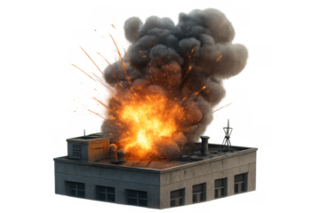 Building rooftop exploding with fire, smoke, destruction