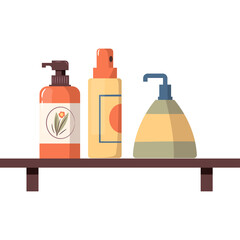 Three modern cartoon-style bottles with pump dispensers and spray nozzle on a wooden shelf against a white background