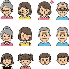 Create a kinds of deferent 3 generation family facial expression icon illustration set material vector art with white background.