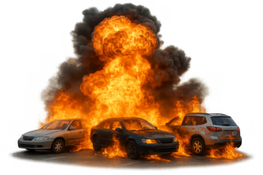 Cars burning with intense explosion and smoke