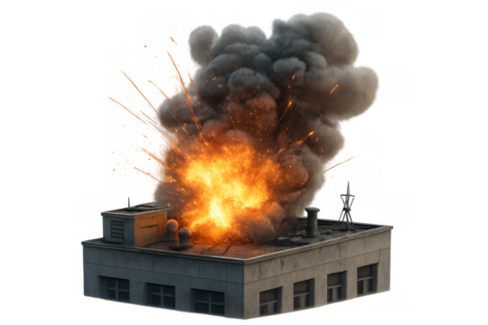 Building rooftop exploding with fire, smoke, destruction