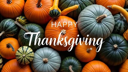 Happy thanksgiving greeting with assorted pumpkins and gourds - Powered by Adobe