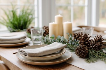 Rustic holiday dinner table setting with ceramic plates and candles