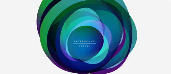 Abstract circular design. Layers create vibrant color transitions, blue, green, teal hues dominate. Text reads background design. Minimalist aesthetic.
