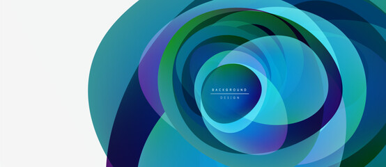 Abstract colorful layers create dynamic circular design. Gradient hues blend, forming modern background element. Minimalist style.
