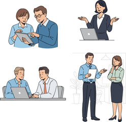 Create a kinds of deferent Simple vector illustration set of three office workers consulting vector art with white background..