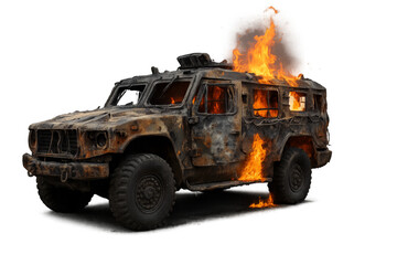 Military armored vehicle burning, destroyed by fire, on transparent background