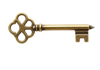 Isolated ornamental antique metal key, vintage lock pick, aged brass, golden, ornate