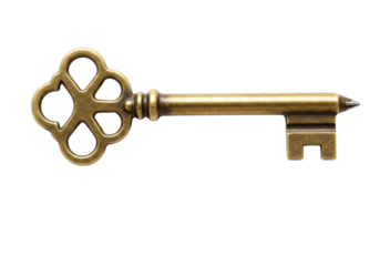 Isolated ornamental antique metal key, vintage lock pick, aged brass, golden, ornate