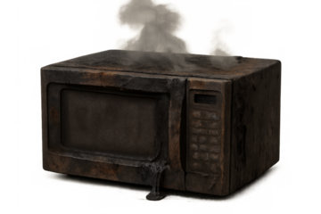 Burnt microwave oven smoking after kitchen fire accident