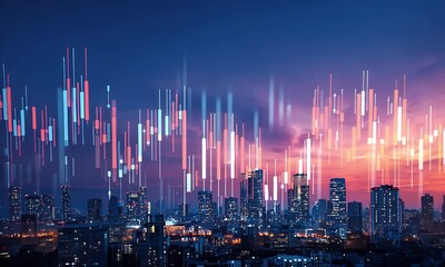 Digital stock market candlestick chart animation overlaid on a modern city skyline at sunset finance concept video. - Powered by Adobe