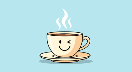 Obraz premium A delightful pixel art illustration of a steaming cup of coffee with a friendly smiling face and a playful wink on a light blue background.
