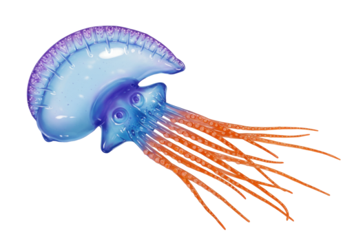 Isolated Portuguese man o' war floating marine animal with tentacles, dangerous species