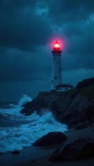 Dramatic Lighthouse Beam Piercing Stormy Night, Waves Crashing on Rocky Coast, Beacon of Hope Amid Tempest